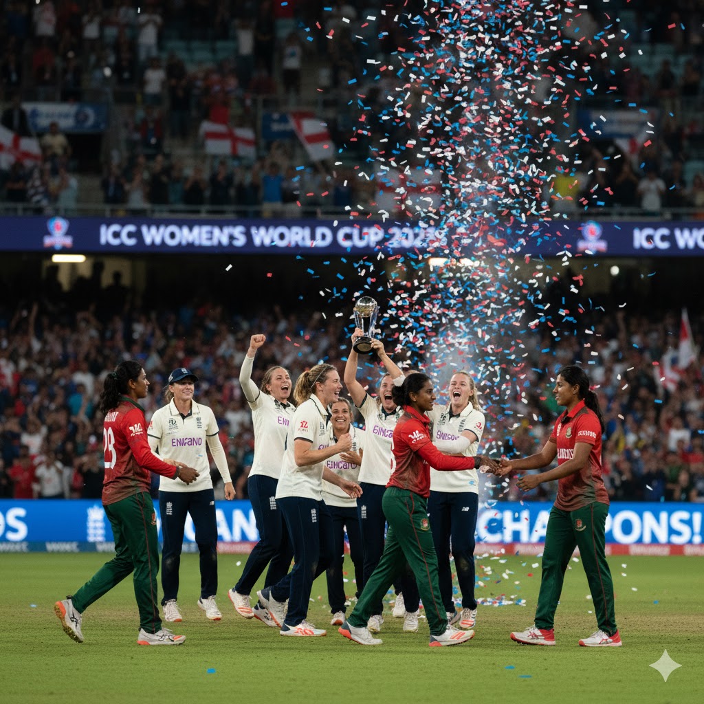 "England Women क्रिकेट टीम जीत का जश्न मनाते हुए, स्टेडियम में confetti उड़ रहा है, Bangladesh Women खिलाड़ियों ने खेल भावना दिखाते हुए हाथ मिलाया"