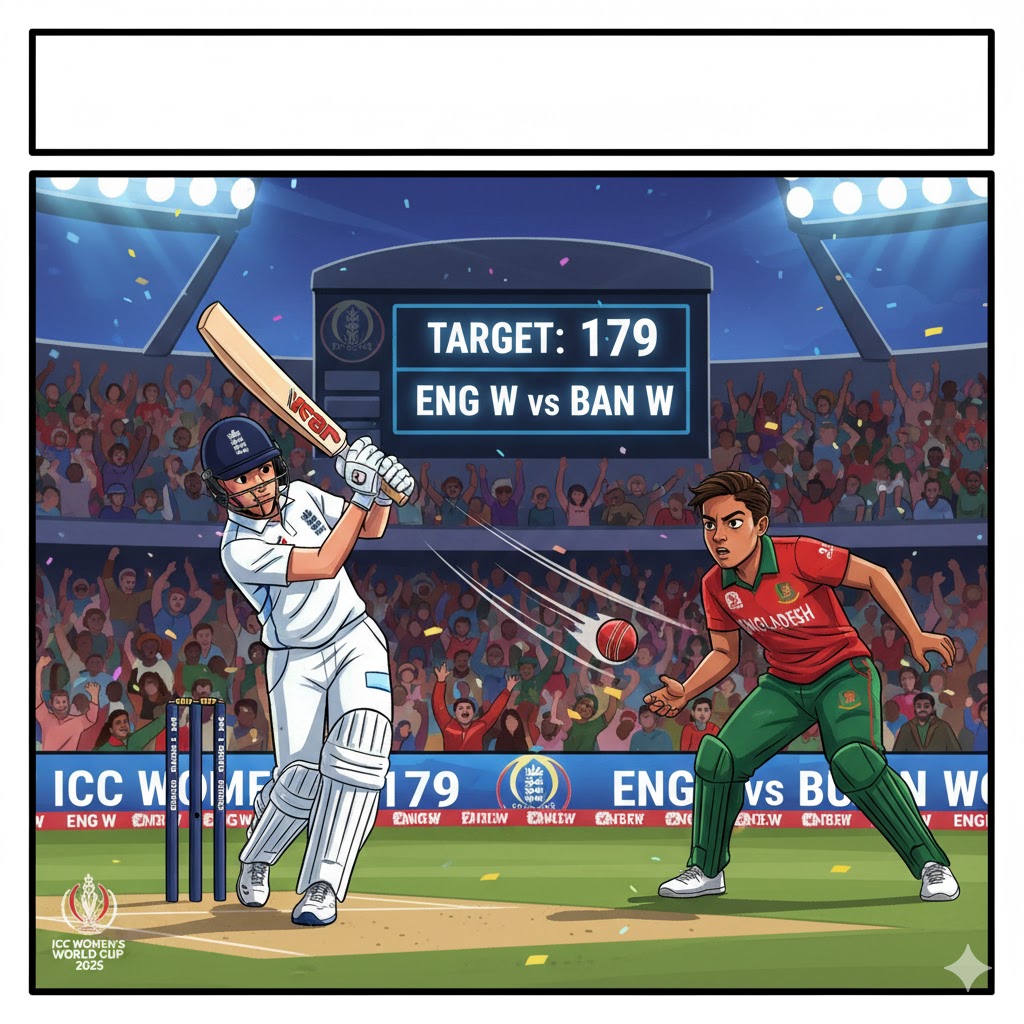 "Stylized illustration: England Women vs Bangladesh Women मैच का क्रिकेट बॉल, स्कोरबोर्ड पर 179 रन टारगेट और सोशल मीडिया थम्बनेल के लिए आकर्षक डिजाइन"