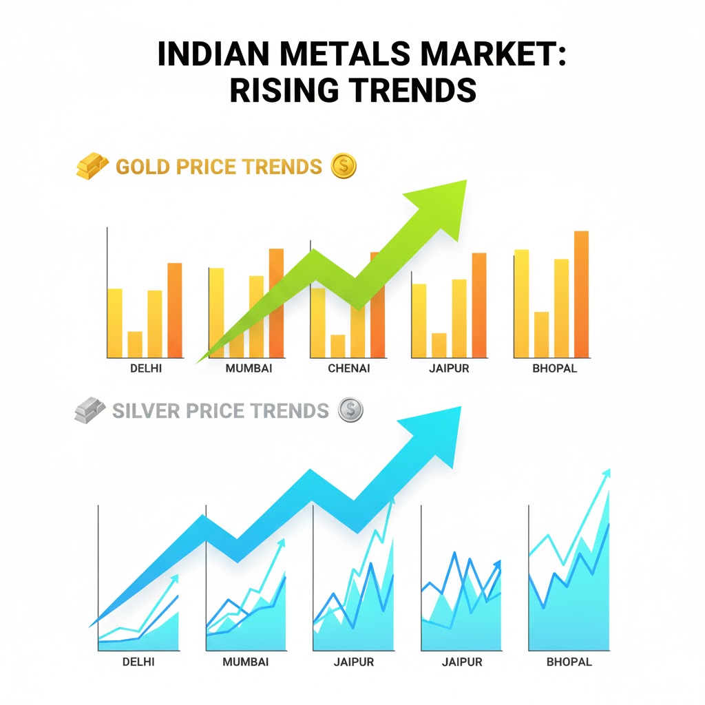 “दिल्ली, मुंबई, चेन्नई, जयपुर और भोपाल के सोना-चांदी रेट का इन्फोग्राफिक चार्ट, बढ़ते दामों को दर्शाता हुआ, न्यूज़ आर्टिकल के लिए उपयुक्त”