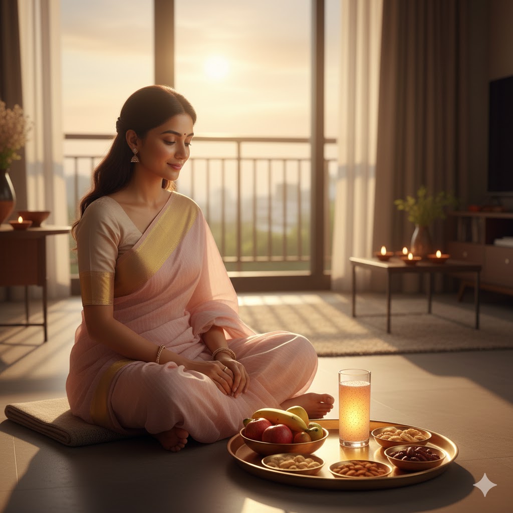 “सर्गी के साथ चिया सीड ड्रिंक पीती करवा चौथ व्रती महिला”
