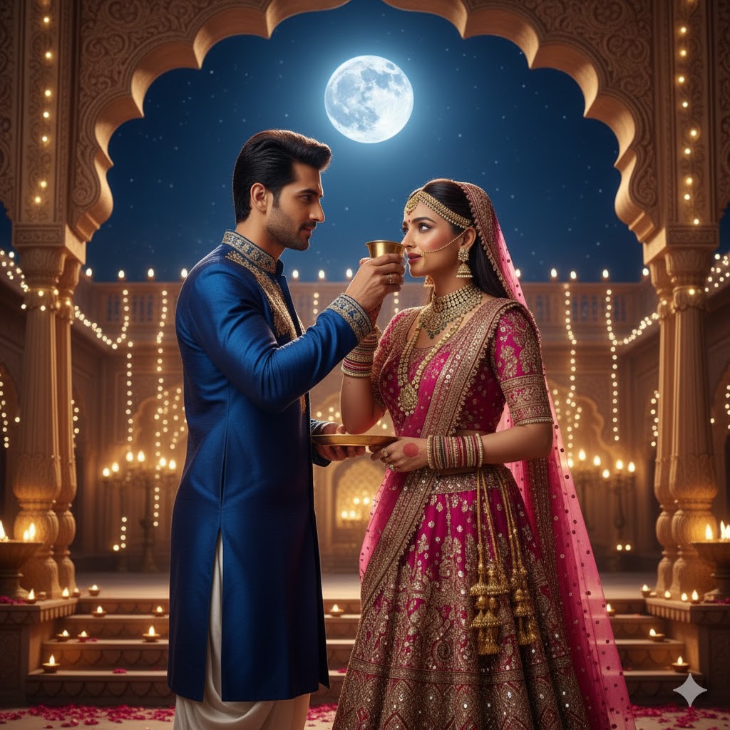 “करवा चौथ पर चाँद निकलने के बाद पति-पत्नी का रोमांटिक क्षण”
