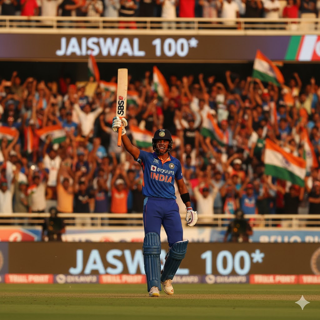 Yashasvi Jaiswal celebrating his century during India vs West Indies Test match at Delhi Stadium.