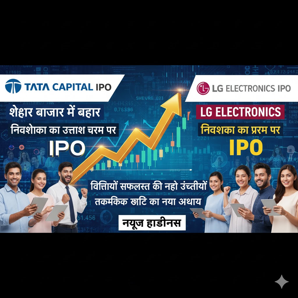 Digital illustration showing Tata Capital and LG Electronics IPO success with excited investors and stock market charts in a modern tech-inspired background.