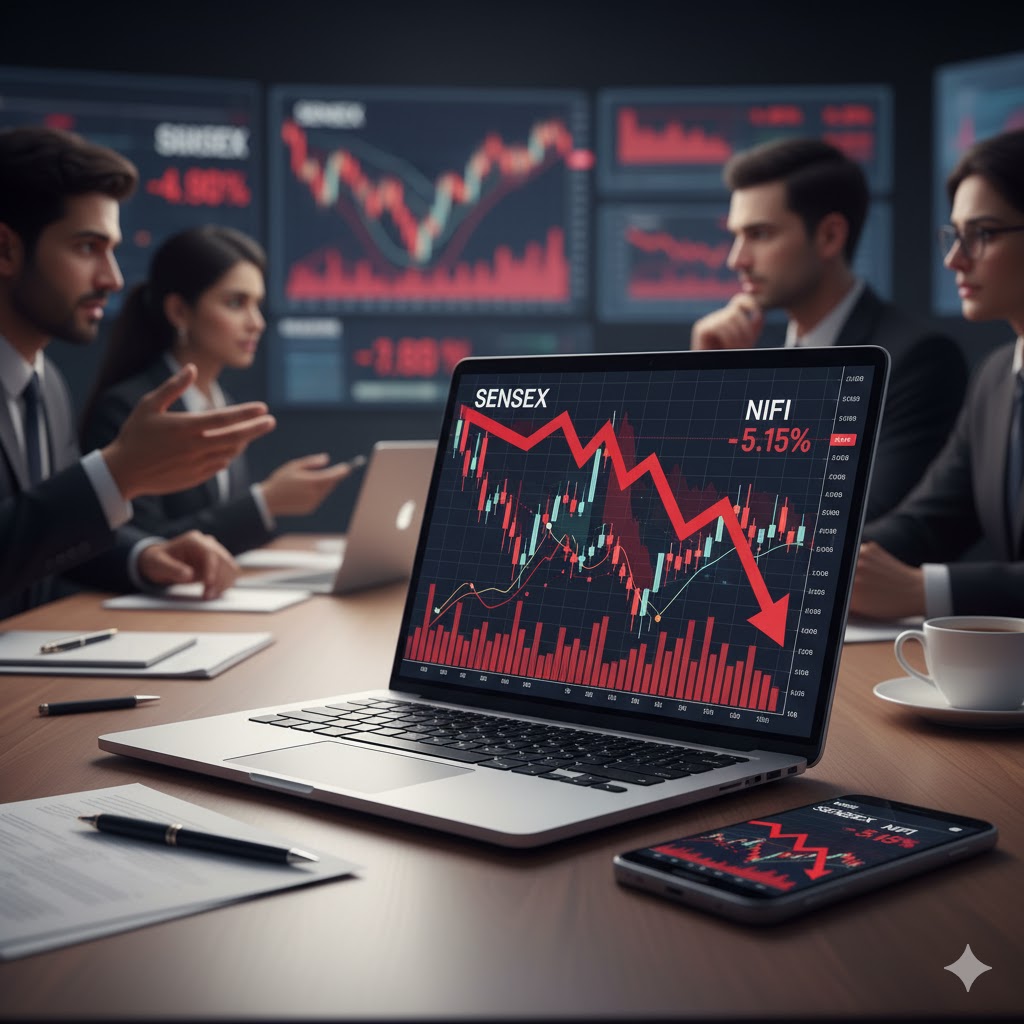 Close-up of declining financial charts with red candlesticks on laptop and smartphone, representing Sensex and Nifty drop.