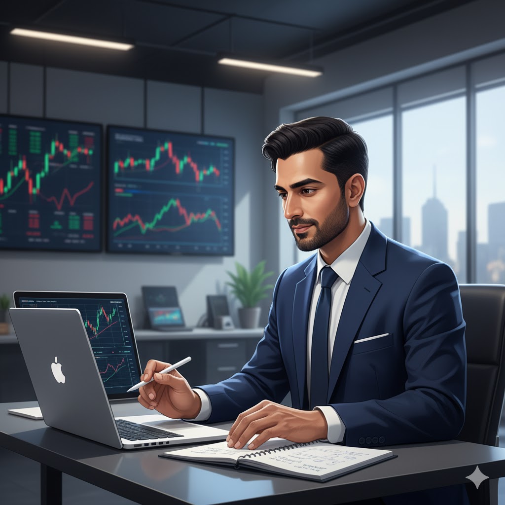 Confident Indian investor analyzing stock market trends on laptop, planning strategy amidst market volatility.