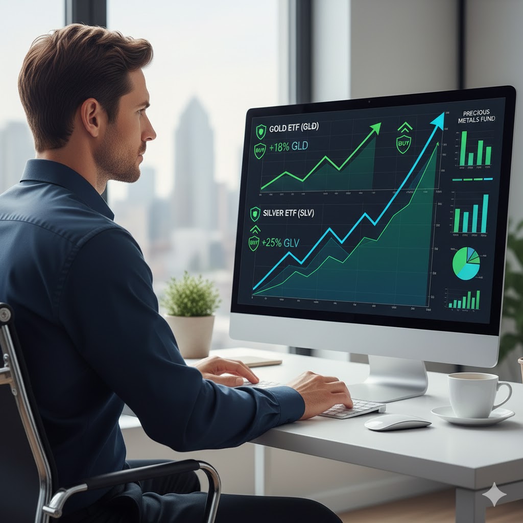 "Investor analyzing gold and silver ETF charts on a computer screen with upward trends, set in a modern office, showing market growth and investment insights."
