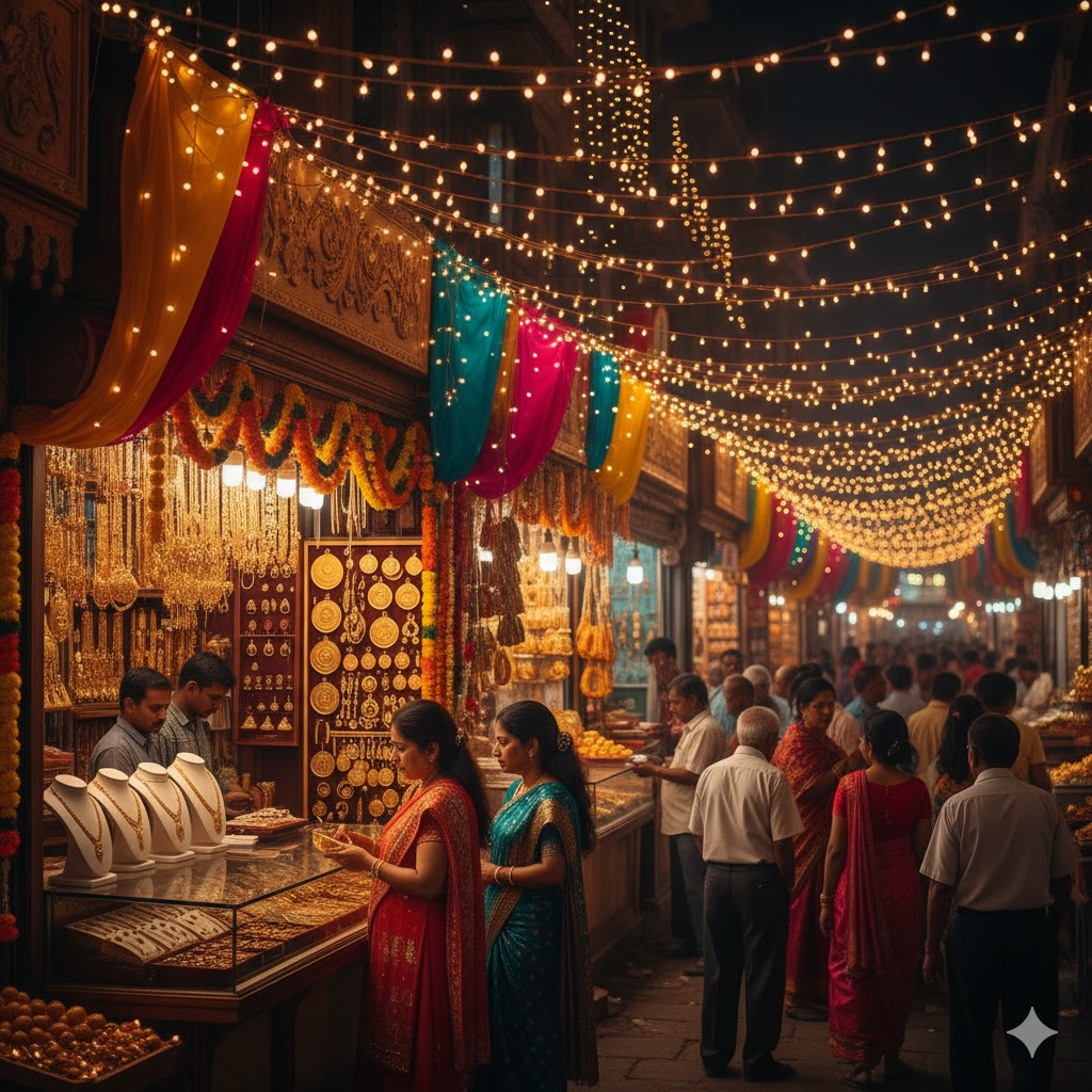 "धनतेरस 2025 पर सजे भारतीय बाजार में लोग सोना और चांदी खरीदते हुए — दिवाली की रौनक से भरा दृश्य।"