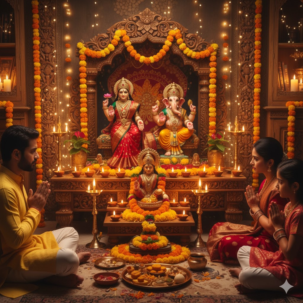 "दीपावली 2025 पर घर में लक्ष्मी पूजा करते हुए परिवार, मां लक्ष्मी और गणेश जी की मूर्ति के साथ जलते दीपक और फूल।"