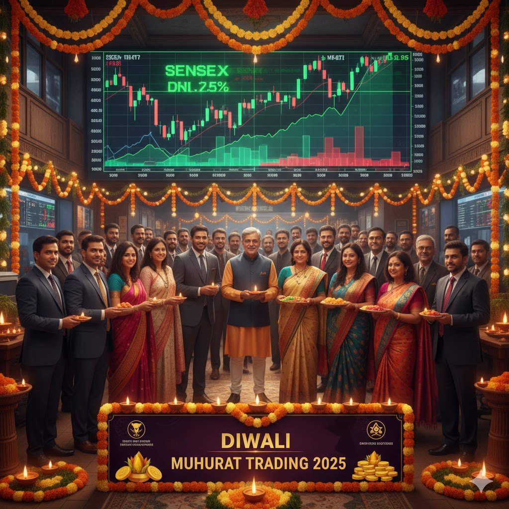 "दीपावली मुहूर्त ट्रेडिंग 2025 के दौरान भारतीय शेयर बाजार में उत्सव का माहौल, बढ़ते हुए सेंसेक्स और निफ्टी के साथ खुश निवेशक।"

