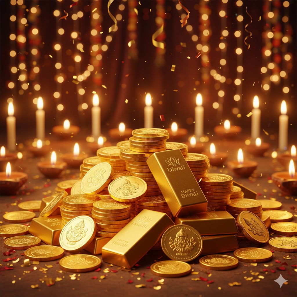 “दिवाली के मौके पर चमकते सोने के सिक्के और सोने की ईंटें, दीपक और रोशनी के बीच भारतीय त्योहार का खूबसूरत नज़ारा।”