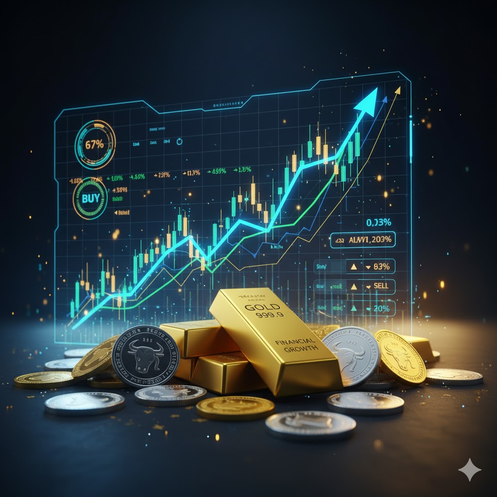 “सोने और चांदी की बढ़ती कीमतें दर्शाता डिजिटल स्टॉक मार्केट चार्ट, सामने सुनहरी ईंटें और सिक्के — निवेश और ग्रोथ का प्रतीक।”