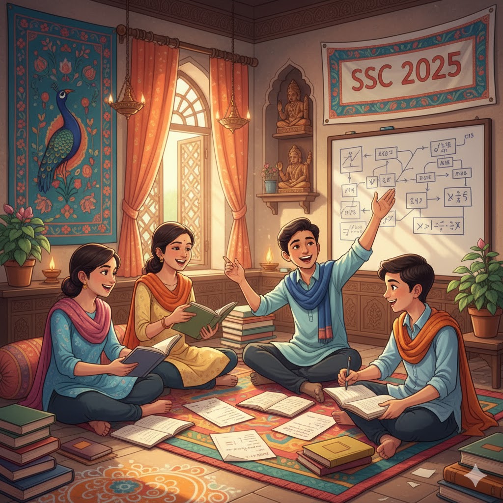 “SSC 2025 परीक्षा की तैयारी कर रहे छात्र, किताबें और नोट्स के साथ देसी स्टाइल में पढ़ाई करते हुए”
