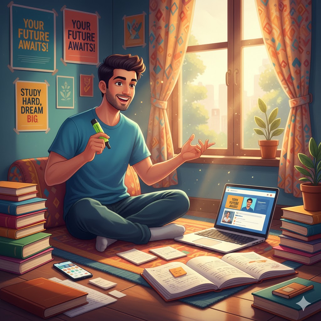 “SSC परीक्षा की तैयारी कर रहा छात्र, लैपटॉप और नोट्स के साथ, देसी और प्रेरक स्टाइल में”