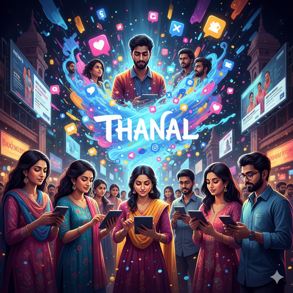 Illustration showing Thanal's story and social media effects in an engaging and colorful concept art style