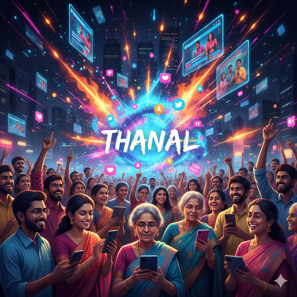 High-contrast digital art depicting the viral and life-changing impact of Thanal, featuring young and older people, colorful digital lights and icons, emphasizing Thanal’s social media influence and exciting storytelling. Bright, attention-grabbing, modern and dynamic composition.