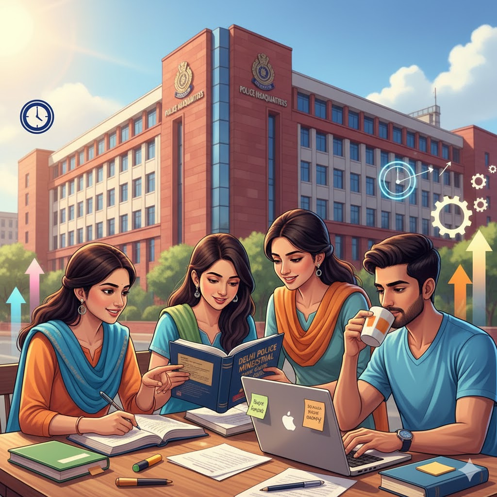 "Young candidates preparing for Delhi Police Head Constable Ministerial exam, police building in background"
