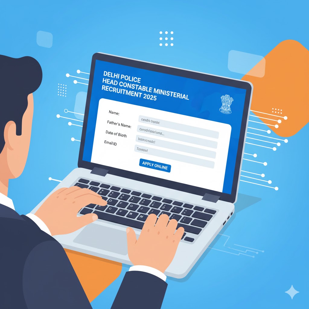 "Online application for Delhi Police Head Constable 2025, laptop with application form, Delhi Police emblem"