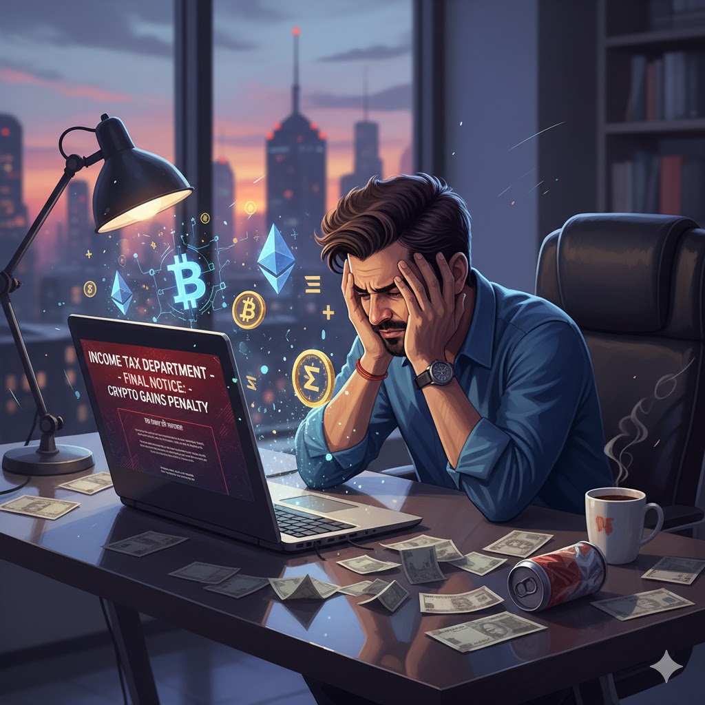 "Frustrated Indian crypto trader checking tax notice surrounded by Bitcoin and Ethereum symbols with Indian currency notes on desk."
