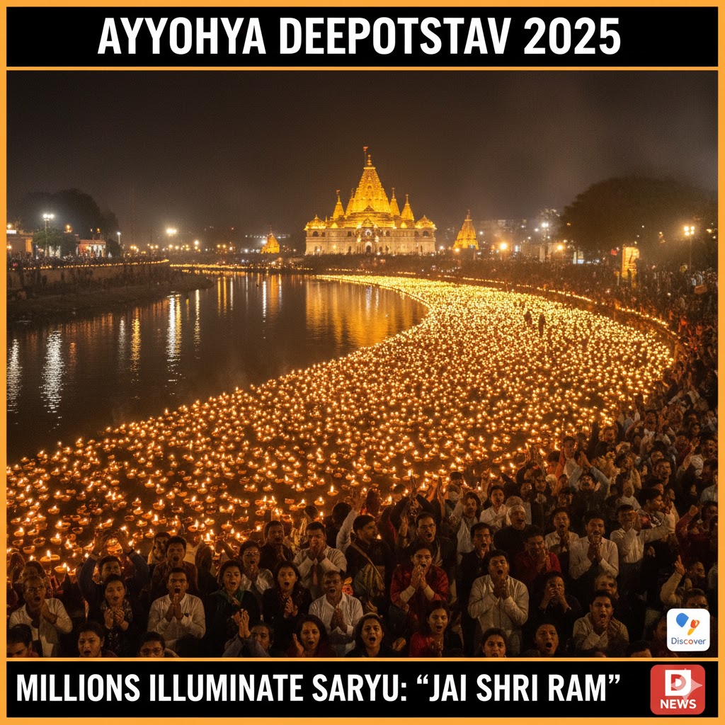 ड्रोन से ली गई फोटो: अयोध्या दीपोत्सव 2025 में लाखों दीयों की चमक, राम मंदिर और सरीयू नदी की रोशनी का भव्य नजारा, उत्सव और आस्था का दृश्य