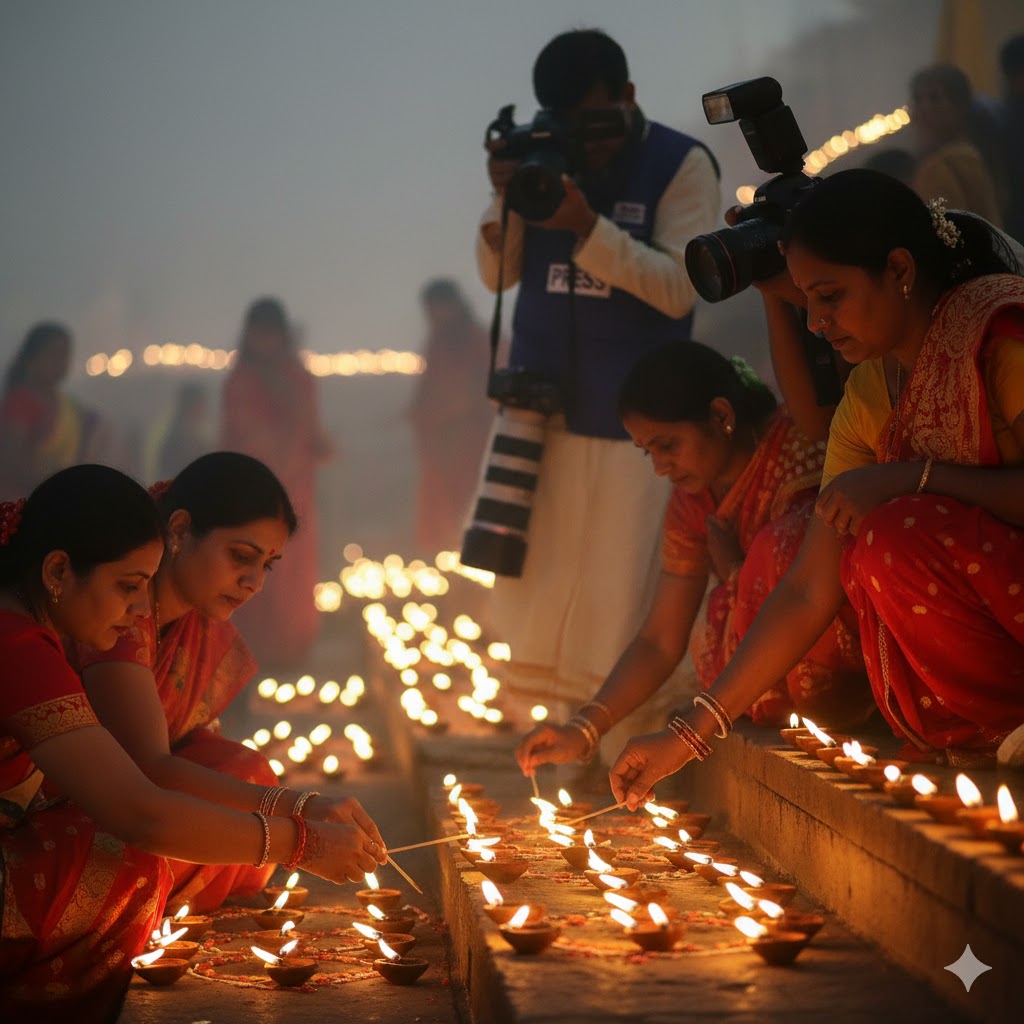 सरीयू घाट के किनारे लोग और भक्त दीप जलाते हुए, अयोध्या दीपोत्सव 2025 का ग्राउंड रिपोर्ट फील, पारंपरिक पोशाक में श्रद्धालु और मीडिया टीम