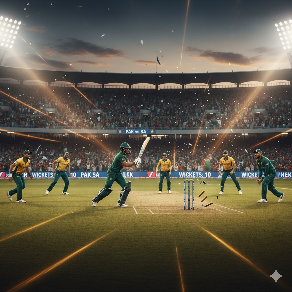 Thrilling cricket scene at stadium with Pakistan and South Africa players, batsman hitting a shot, wicket falling, cheering crowd, evening lights, action-packed Test match moment