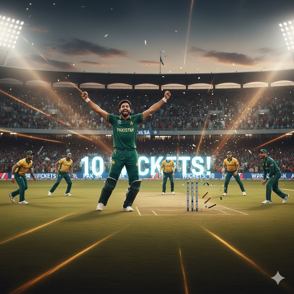 Noman Ali bowling heroically for Pakistan, celebrating 10 wickets, stadium crowd applauding, dramatic lighting, highly detailed cricket action