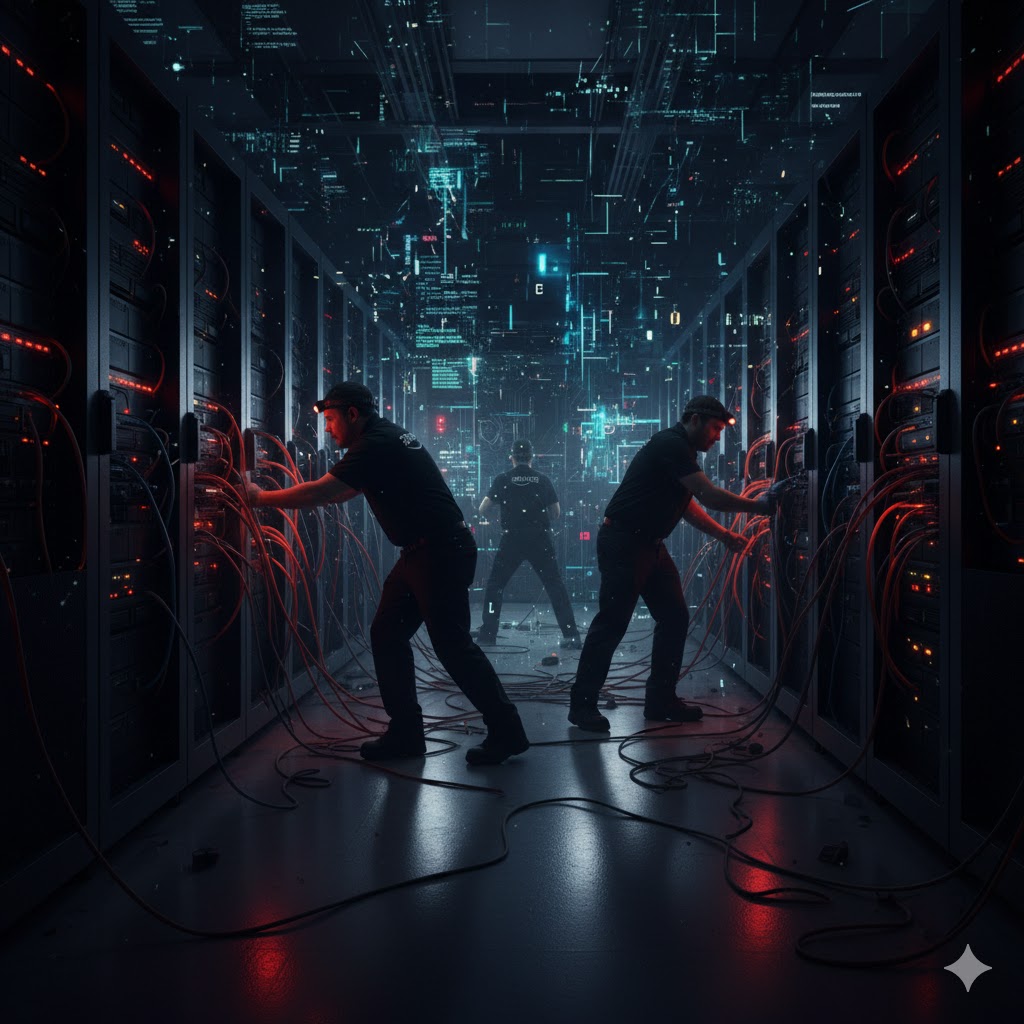 AWS data center during outage with technicians repairing servers.
