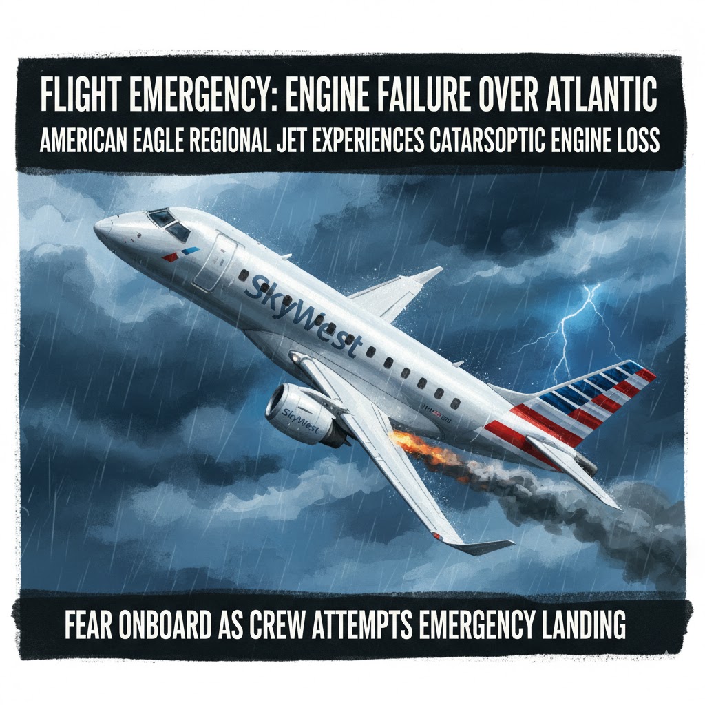 "American Airlines SkyWest Flight 6469 flying under dark cloudy sky, representing emergency landing news in Omaha."
