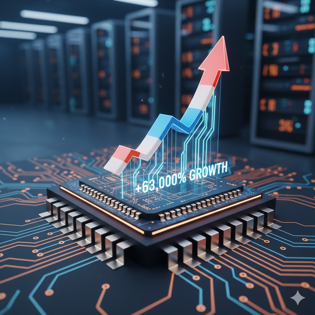 “Semiconductor chip with digital chart showing huge stock market growth in Indian theme.”