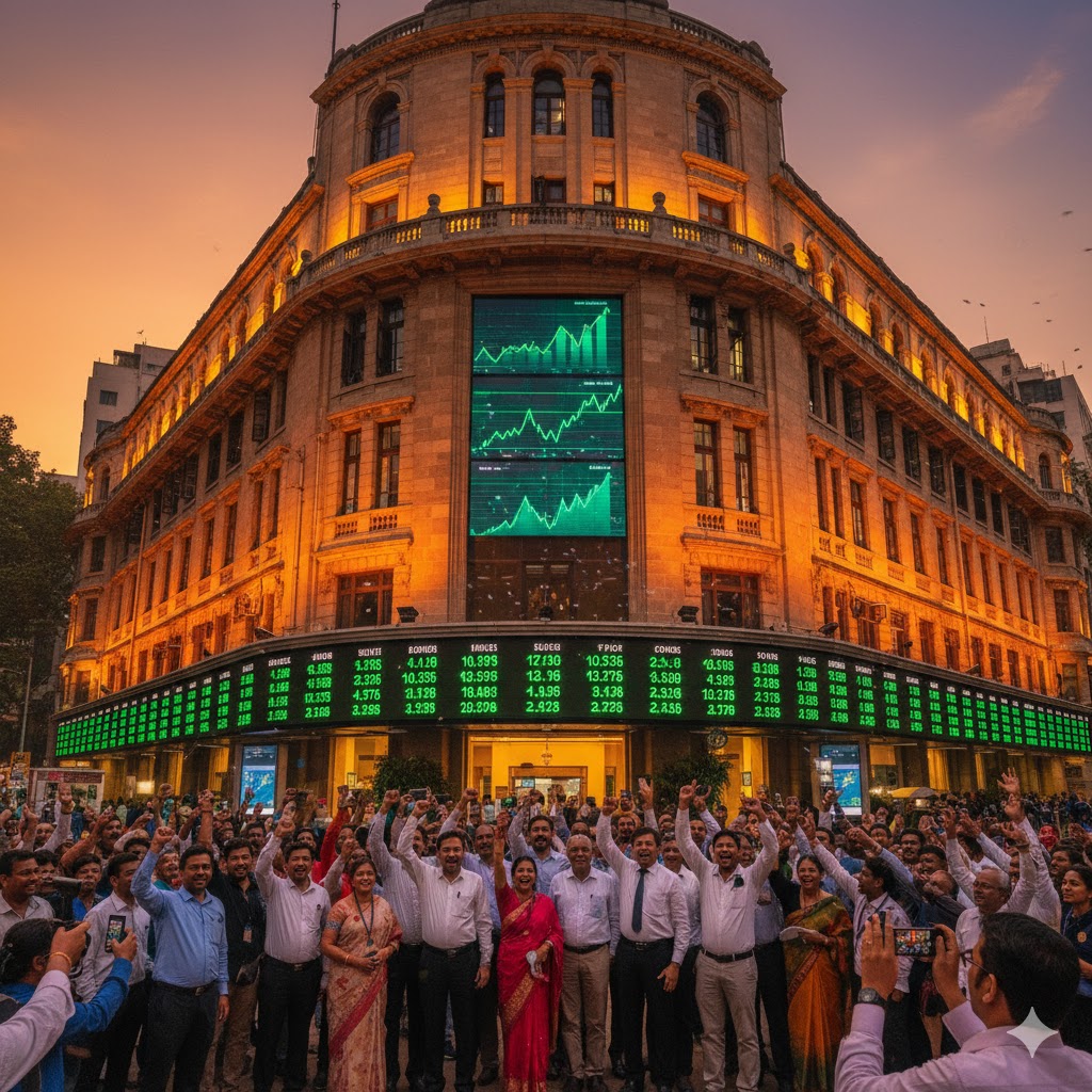 “BSE building with Sensex surge and traders celebrating the bullish market”
