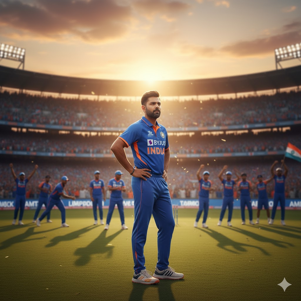 "रोहित शर्मा कप्तान के रूप में मैदान का विश्लेषण करते हुए, युवा खिलाड़ियों के साथ प्रेरक क्रिकेट दृश्य।"
