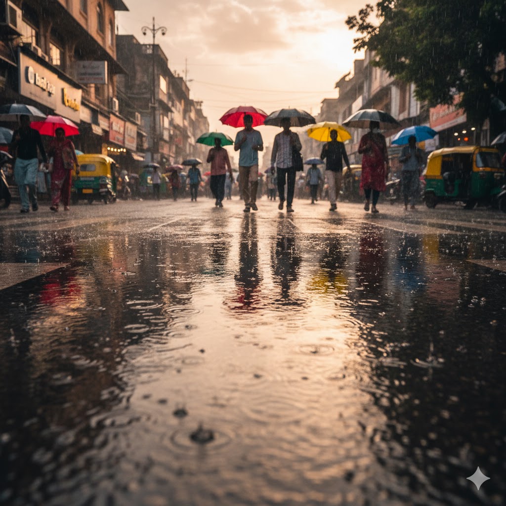 "Morning weather in Bhopal city with cool breeze, partly cloudy sky, and golden sunlight — Madhya Pradesh weather update 2025"
