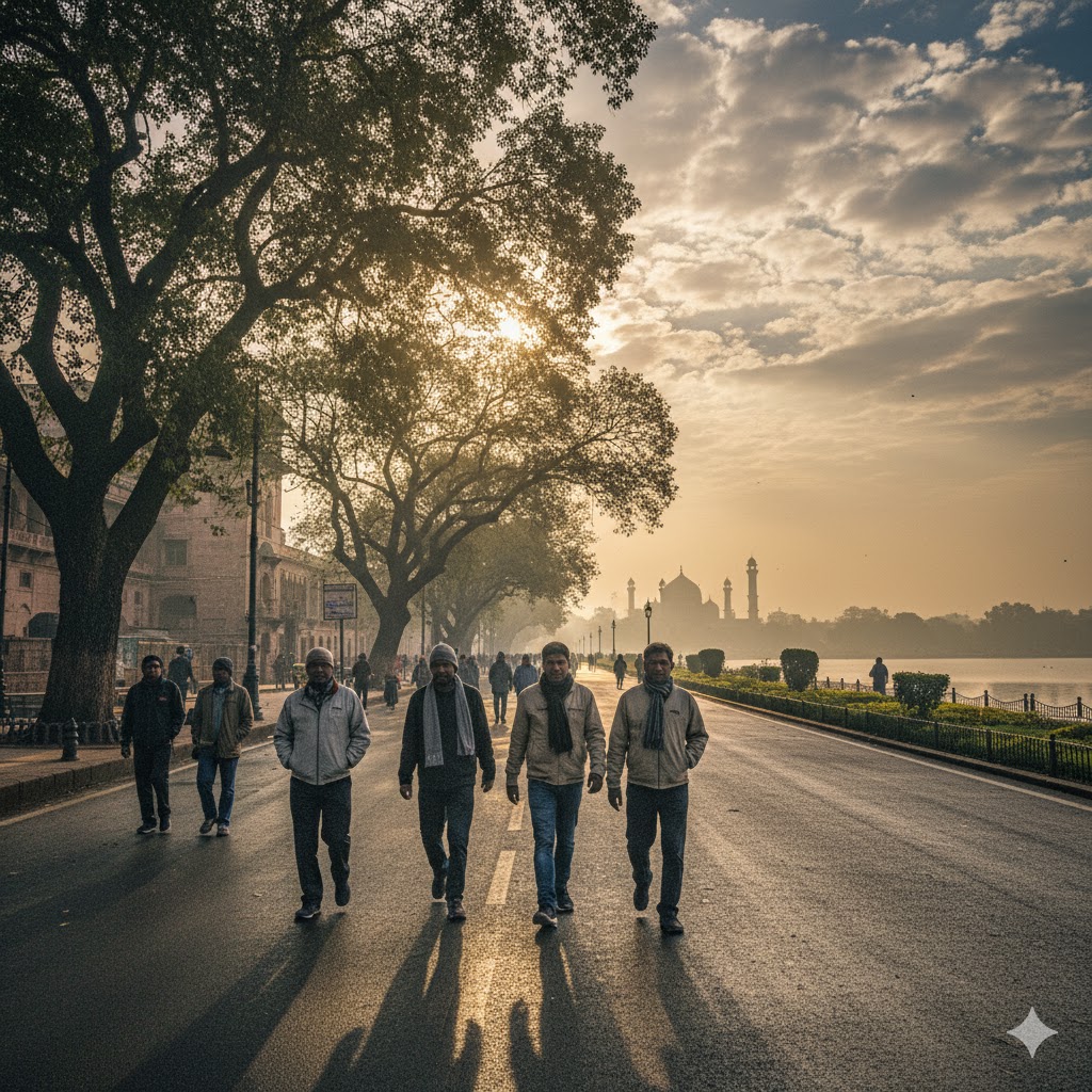 "Light rain and humidity in Indore streets, people walking with umbrellas during early morning — MP weather report"
