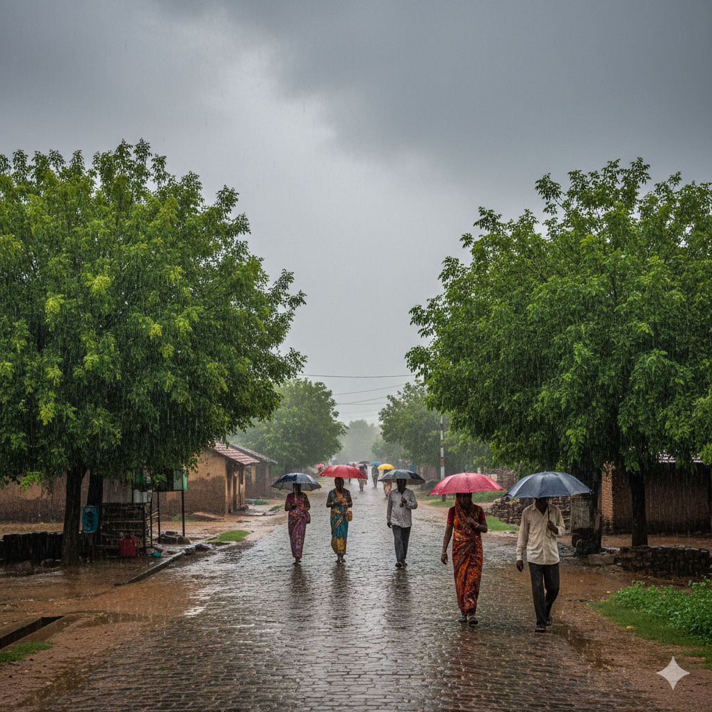 “मध्य प्रदेश में बादलों से घिरा आसमान, हल्की बारिश के बीच लोग छाता लिए सड़क पर चलते हुए, हरियाली और गीली सड़क का देसी मौसम दृश्य।”
