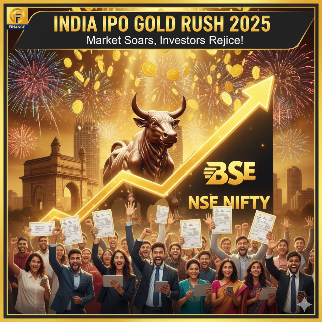 “खुश निवेशक IPO में सफलता का जश्न मनाते हुए, बैकग्राउंड में बुल और पटाखे”
