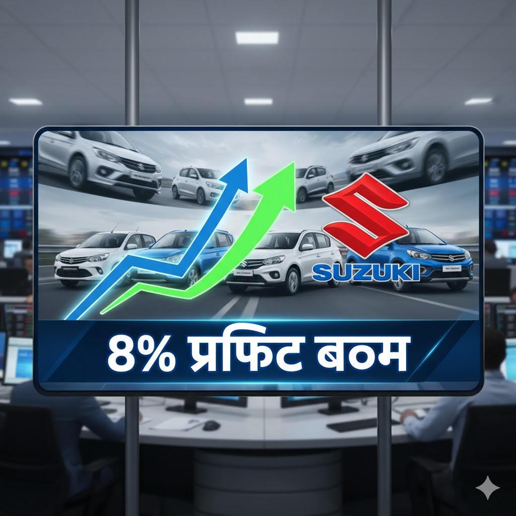 Maruti Suzuki logo के साथ बढ़ता हुआ प्रॉफिट ग्राफ और कारों की पृष्ठभूमि — सितंबर 2025 तिमाही में 8% मुनाफे की बढ़त दिखाता बिजनेस न्यूज़ इमेज।