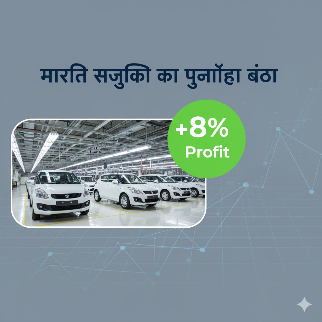 Maruti Suzuki फैक्ट्री में लाइन में खड़ी गाड़ियाँ और हरे रंग में +8% प्रॉफिट का संकेत दिखाता एक प्रोफेशनल कॉर्पोरेट न्यूज़ ग्राफिक।