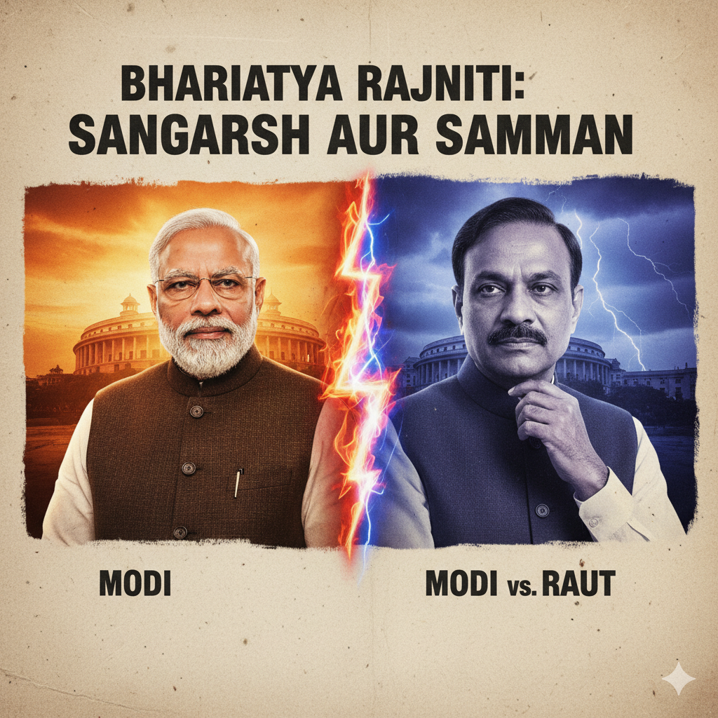 नरेंद्र मोदी और संजय राउत आमने-सामने राजनीतिक टकराव के बीच, आग और धुएं वाली पृष्ठभूमि के साथ, भारतीय राजनीति का प्रतीकात्मक चित्र।