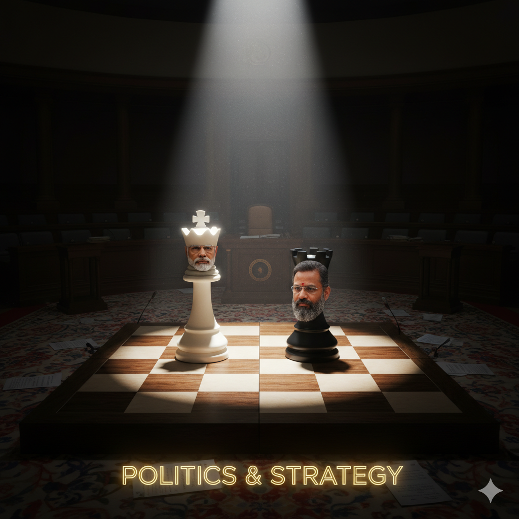 भारतीय संसद की पृष्ठभूमि में शतरंज के दो मोहरे, नरेंद्र मोदी और संजय राउत के बीच राजनीतिक रणनीति और टकराव का प्रतीकात्मक चित्रण।