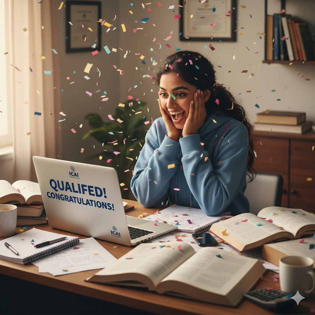 "ICAI Result 2025 देखकर बेहद खुश होता भारतीय स्टूडेंट, लैपटॉप पर रिजल्ट दिखते ही चेहरे पर मुस्कान और हवा में उड़ते कंफेटी।"

