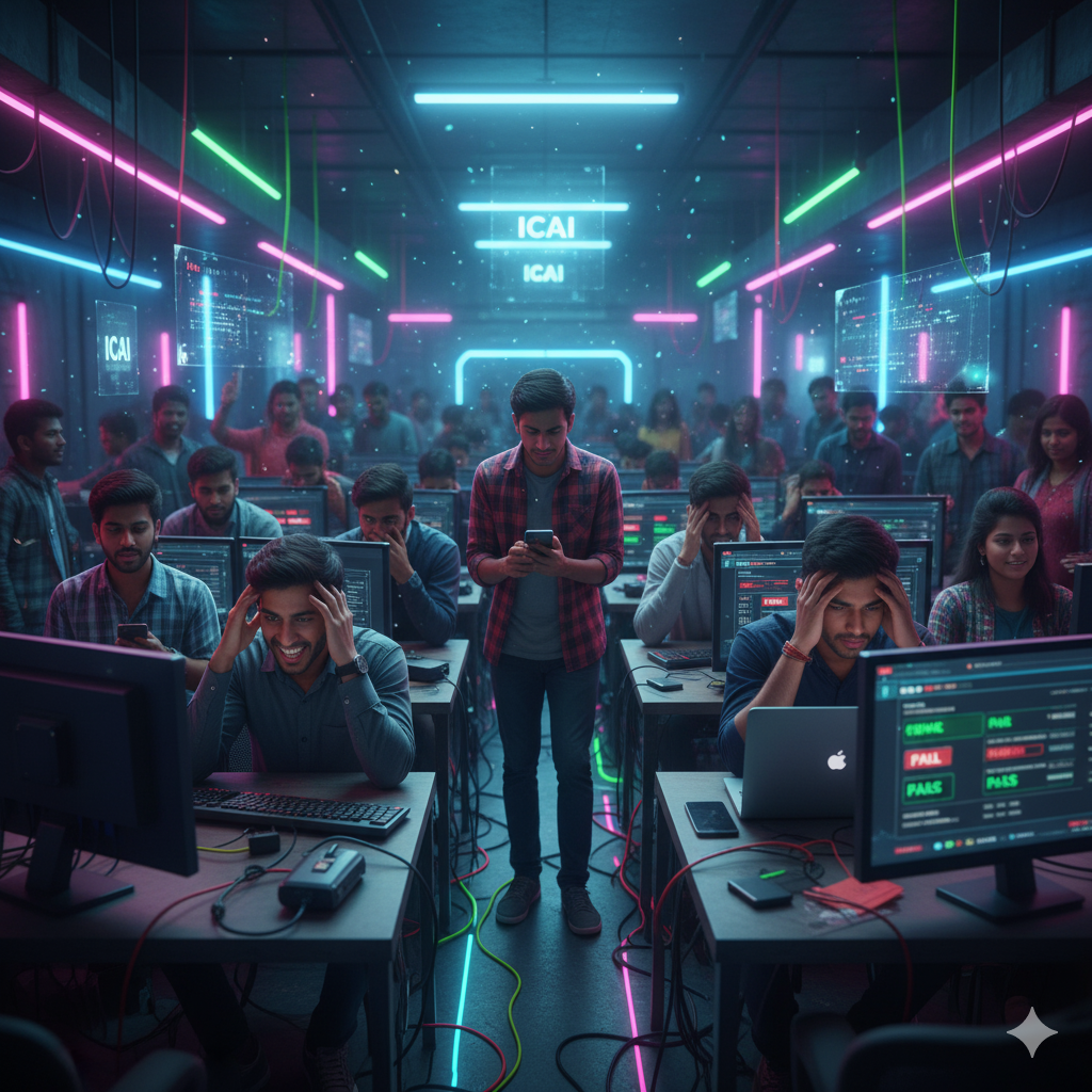 "कई भारतीय स्टूडेंट्स लैपटॉप और मोबाइल पर एक साथ ICAI Result 2025 चेक करते हुए, एक्साइटमेंट और टेंशन का माहौल।"