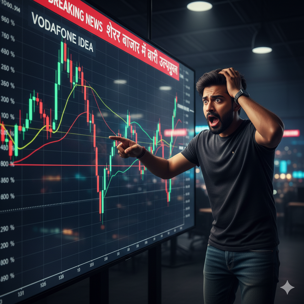 कैजुअल कपड़े पहने युवा भारतीय ट्रेडर स्क्रीन पर उछलते-कूदते Vodafone Idea शेयर प्राइस को देखते हुए भावुक प्रतिक्रिया देता हुआ।
