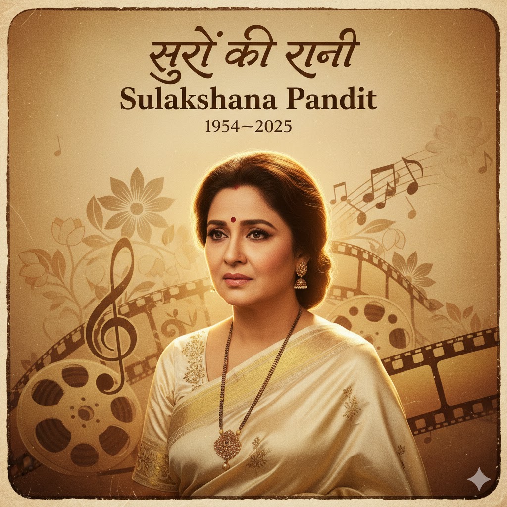 Sulakshana Pandit emotional portrait in vintage Bollywood style, Indian singer-actress in elegant saree with soft golden lighting and musical notes background.
