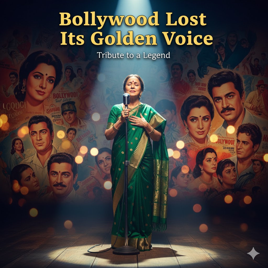 Legendary Indian playback singer performing on stage under spotlight, emotional tribute to Sulakshana Pandit with Bollywood posters and glowing lights.

