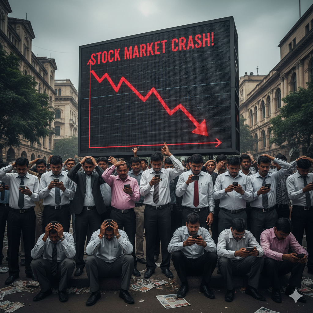 “सेंसेक्स और निफ्टी में भारी गिरावट दिखाता चार्ट, लाल तीर नीचे की ओर जाता हुआ, मोबाइल पर शेयर मार्केट देखने वाले हैरान निवेशक — आज के शेयर बाजार क्रैश की ताज़ा खबर”

