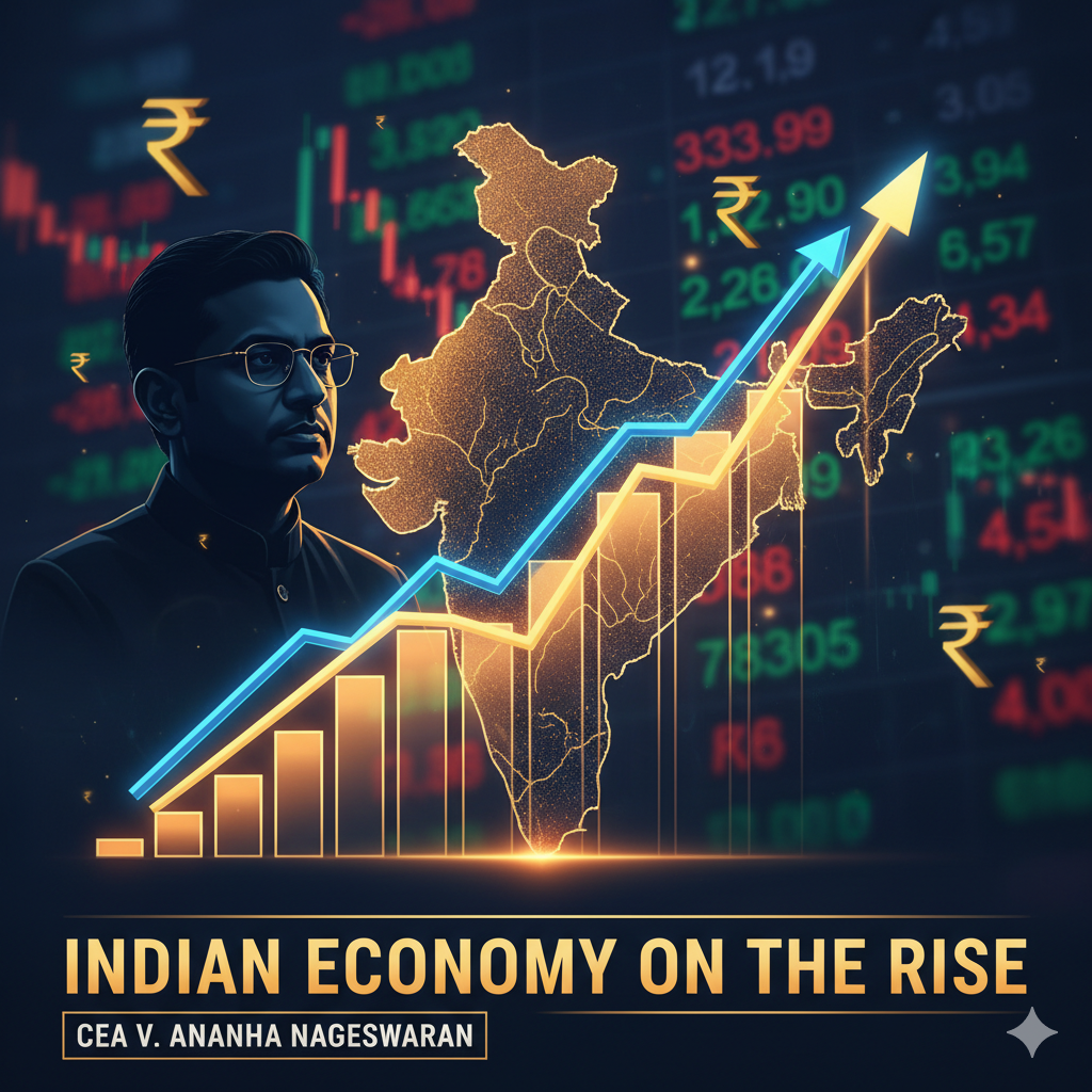 “Illustration of Indian economy growth with GDP graph and CEA V. Anantha Nageswaran in background showing India’s financial rise.”