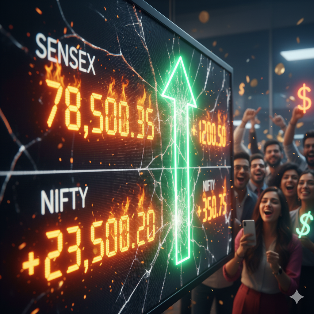 “डिजिटल स्क्रीन पर सेंसेक्स और निफ्टी तेजी से ऊपर जाते हुए, पीछे खुश निवेशक और जलते हुए लाइट इफेक्ट्स — भारतीय शेयर बाजार में उछाल।”

