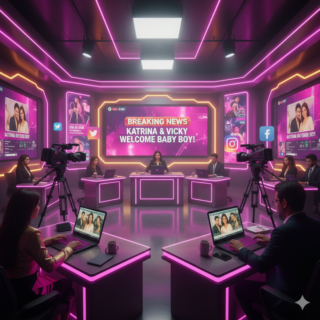 बॉलीवुड न्यूज़ रूम में कॅटरीना–विक्की के बेटे के जन्म की बड़ी खबर दिखाते डिजिटल स्क्रीन और पत्रकारों की हलचल का दृश्य।

