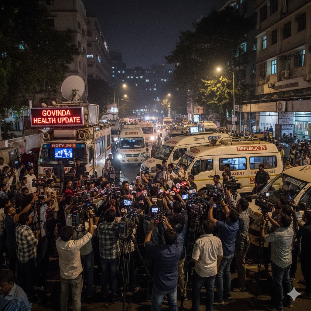“Media and reporters outside hospital covering Govinda health news.”
