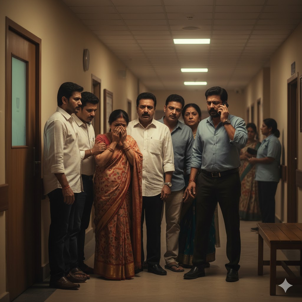 “Govinda’s family waiting outside hospital after actor’s sudden illness.”